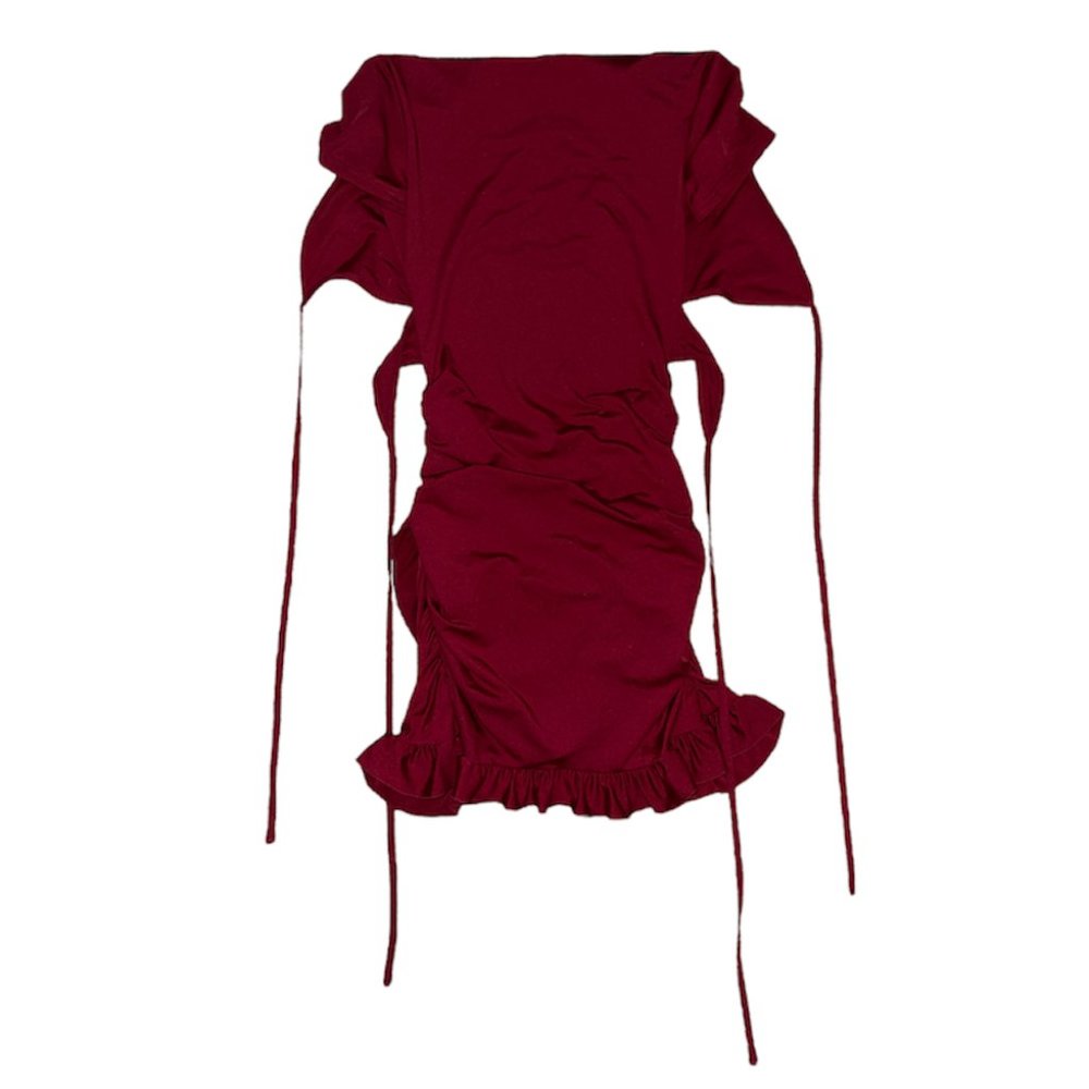 BNWT SHEIN Burgundy Tied Cutout Front Ruffle Trim Wrap Hem Mini Dress - Picture 2 of 8